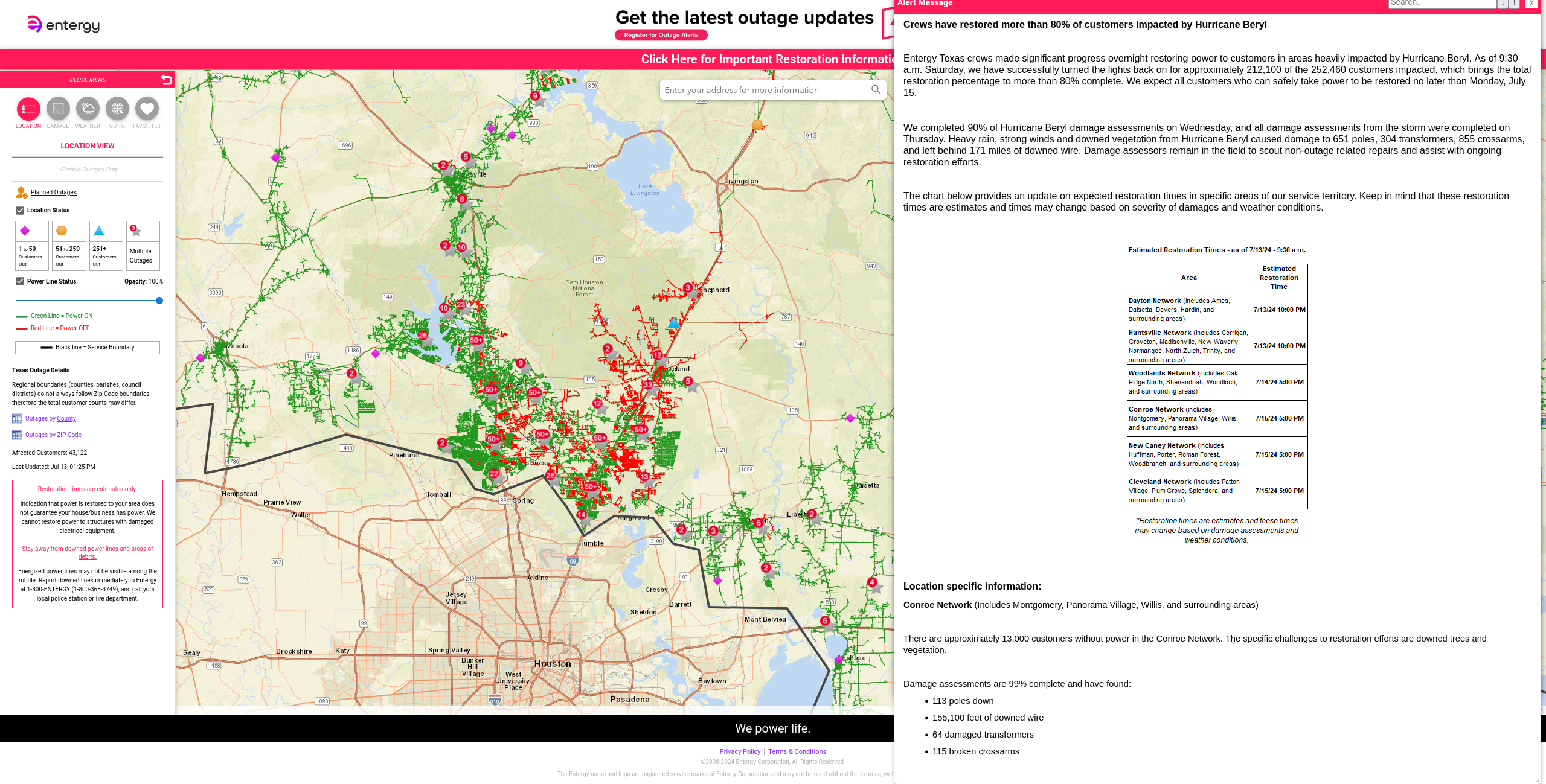 map of outages showing many areas in the northeast of houston texas still without power. there is a message on the screen that discusses the outages