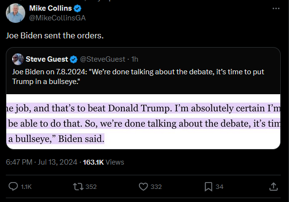 tweet from Mike Collins on Trump assassination attempt: &quot;Joe Biden sent the orders.&quot;