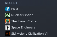 screenshot of recent games showing palia, nuclear option, the planet crafter, space engineers, and sid meier's civilization vi