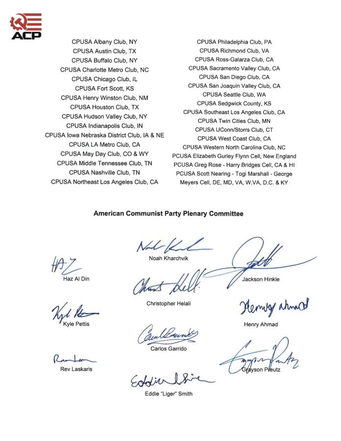 a page from the ACP declaration of farts or whatever they had to say, claims to show support among a number of cpusa clubs (false) and then signatures of all their dumb names